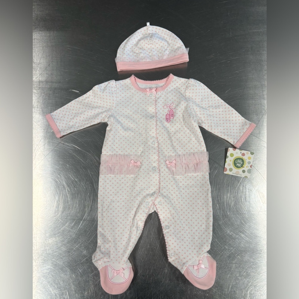 LittleMeBaby 3M Footies Outfit WhitePink Ballerina W/Hat Polka Dot Hearts NWT